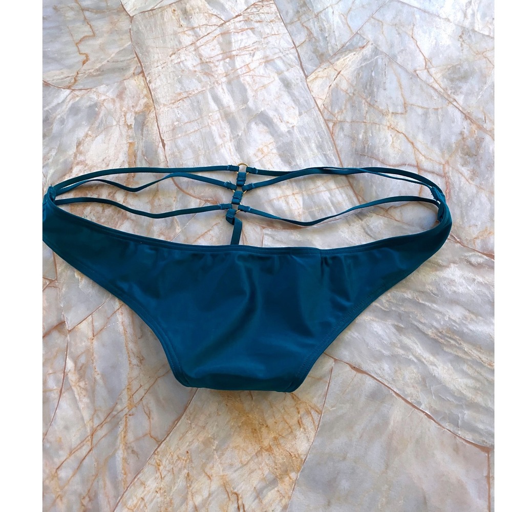 Victorias Secret V-String Panty Teal Blue Strappy Gold Hardware Low Rise S/P